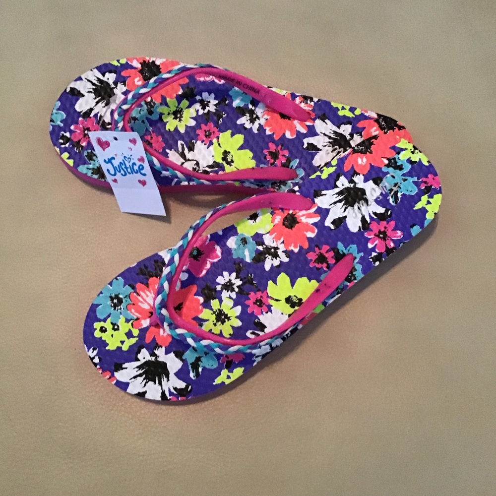 🌸Justice Girls Flip Flop Purple w-Flowers sz 4/5